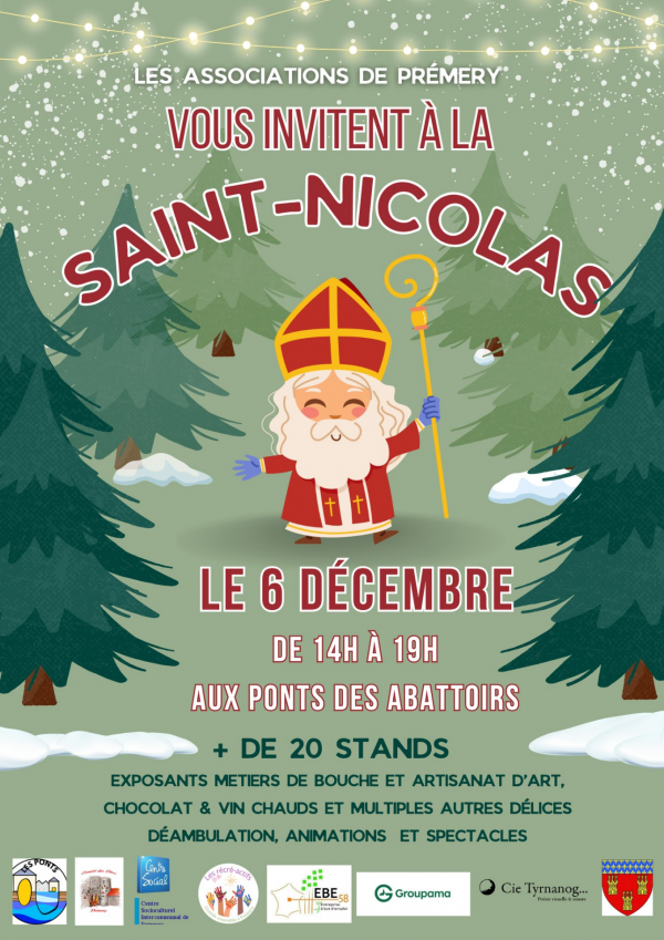 Affiche de l'événement sur fond vert avec le St Nicolas