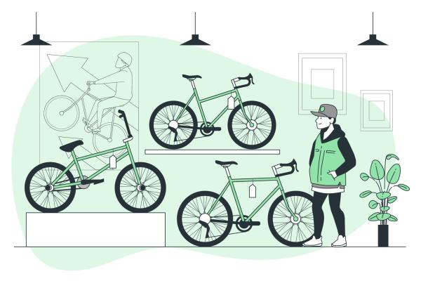 dessins d'une personne dans ubn magasin de vélo sur fond vert